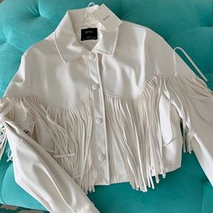 🤍 Bershka White Fringed Faux Leather Jacket 🤍 Size Large With Tags 🤍